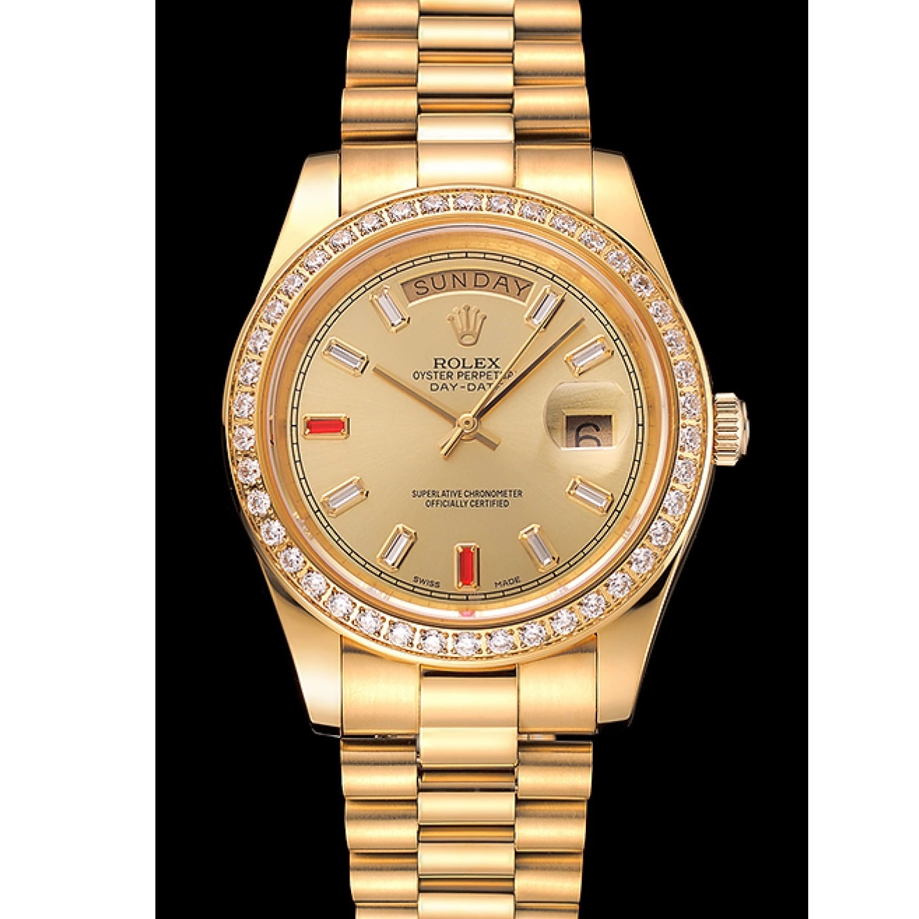 MiroTime 0801 Swiss Rolex Day-Date Diamonds And Rubies Champagne Dial Gold Bracelet 1454100